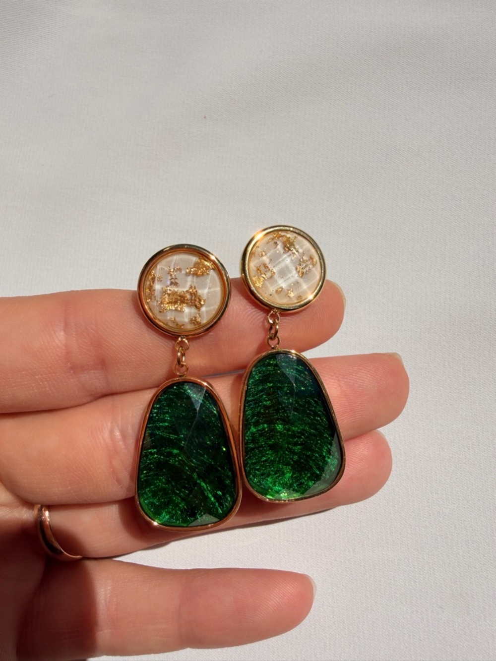 Green-Tone Green & White Drop Earrings - Picture 4 of 5